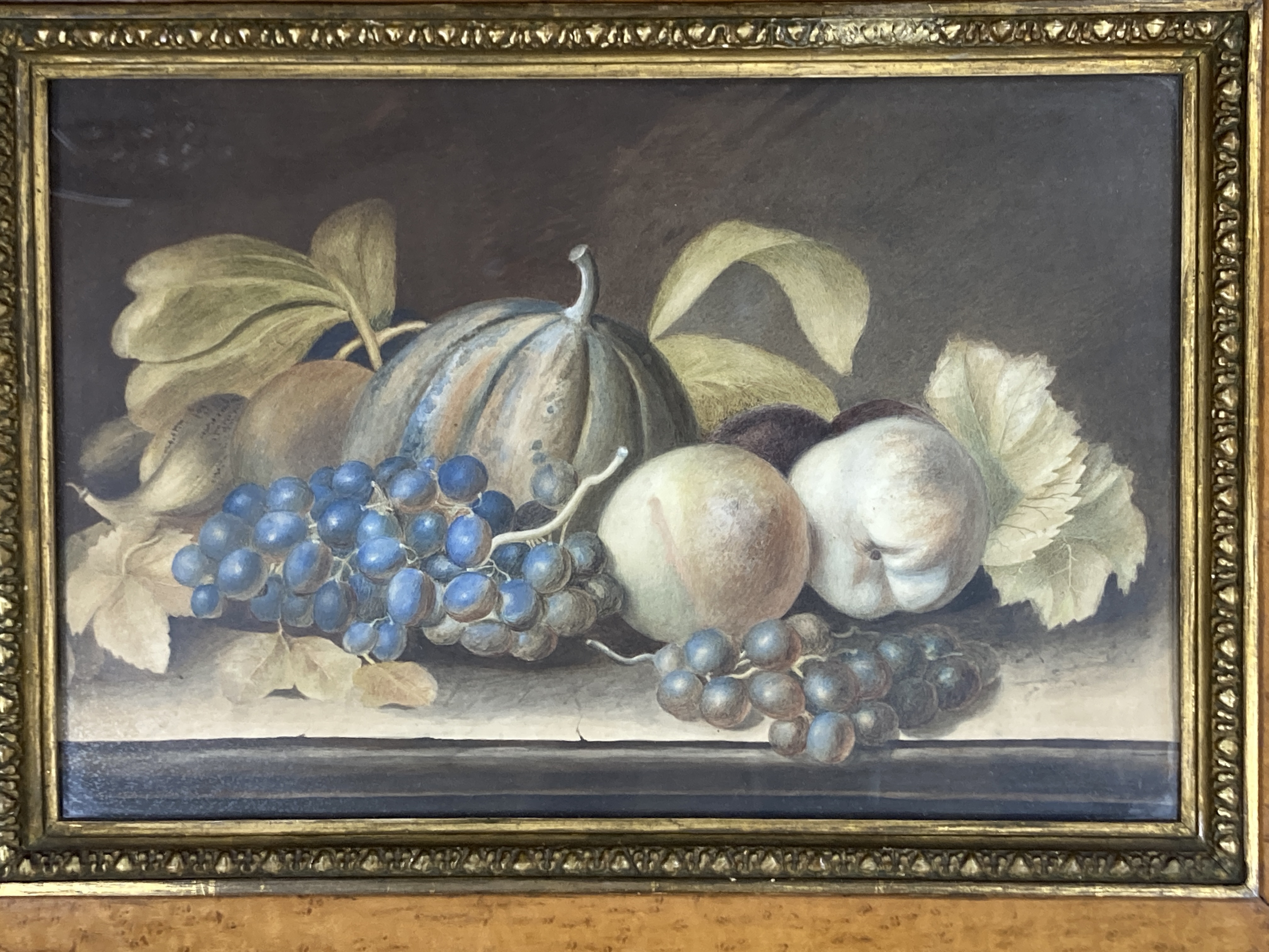 Victorian School, pair of watercolours, Still lifes of fruit upon ledges, 28 x 42cm, maple framed